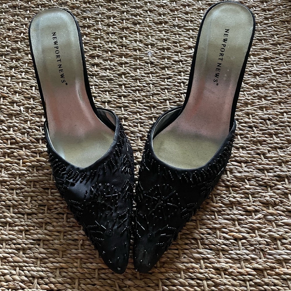 Vintage Newport News beaded black kitten heel mules